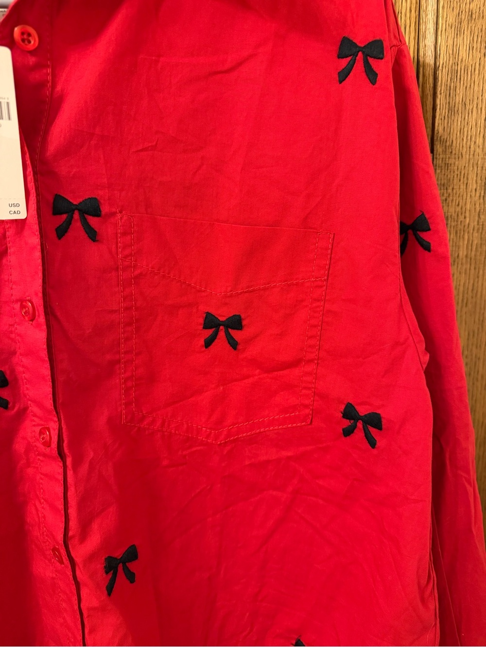 Anthropologie Maeve Red Button-Down Shirt with Black Bow Accents Small NWT - Picture 7 of 9